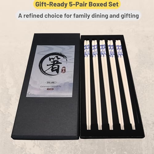 Porcelain Chopsticks Set of 5 Pairs, Reusable Bone Ceramic Chopsticks, Dishwasher Safe, Non-Slip Design, Elegant Gift Box for Family or Restaurant Use (lotus) - color: lotus