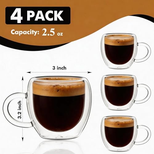 2.5oz Espresso Cups Set of 4, Small Expresso Shot Glass, Clear Expresso Coffee Cup with Handle, Double Wall Insulated Espresso Mugs,Tazas De Cafe Expreso, Suif for Espresso Machine Accessories - size: 2.5oz-4pack