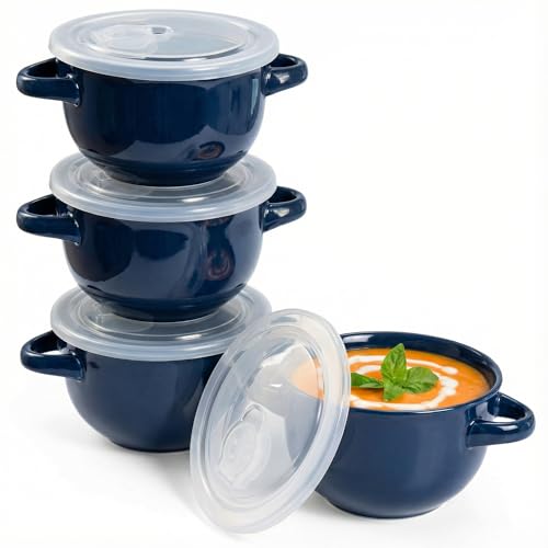 KooK French Onion Soup Crocks with Lids & Handles, Set of 4, Blue - color: Blue