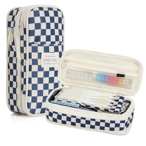 Bigmeta Gingham Expandable Pencil Case for Teens Girls - Navy - color: Navy