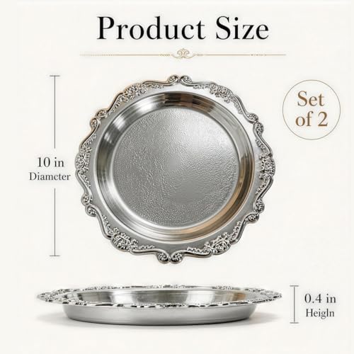 Round Silver Tray, Serving Platters, Vintage Metal Dessert Snack Platter, Decorative for Coffee Table, Fruits Party Displays,10 Inch, 2Pack - color: Silver, size: 10 inch