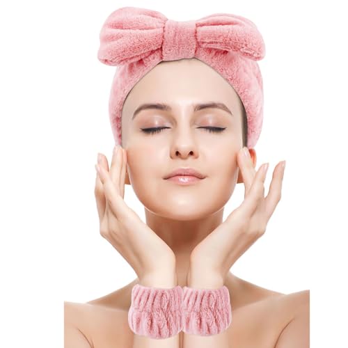 SPA Headbands for Washing Face Makeup Headbands with Bow Hair Band Women Facial Head Band Wrist Towel Wraps For Shower Face Mask Black Pink White, 12 Pack - color: Black Pink White
