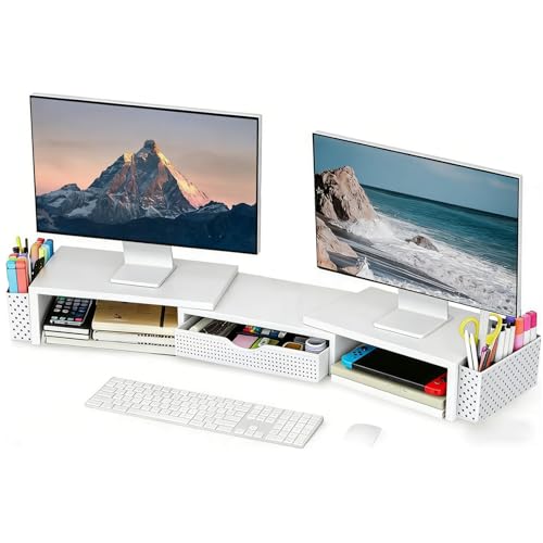 Spacrea Dual Monitor Stand Riser with Drawer and 2 Pen Holders - color: White
