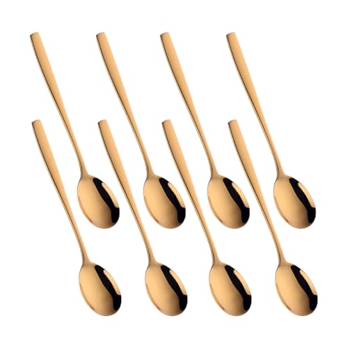 Metal Round Spoons, 8 inch Stainless Steel Reusable Long Handle Korean Soup Spoons, Table Dinner Desert Spoon Set of 8 (Gold) - size: Gold