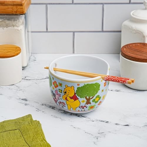 Winnie The Pooh Disney Friends Ceramic Ramen Dinnerware Set | Includes 20-Ounce Noodle Bowl and Wooden Chopsticks