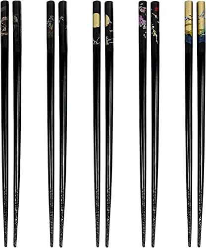 Bamboo Chopsticks Set, Japanese Reusable Wooden Chopsticks with Traditional Pattern Designs, Non Slip Tips Dishwasher Safe Asian Chopsticks for Sushi Ramen Noodles Rice Dining (2, Black) - color: Black
