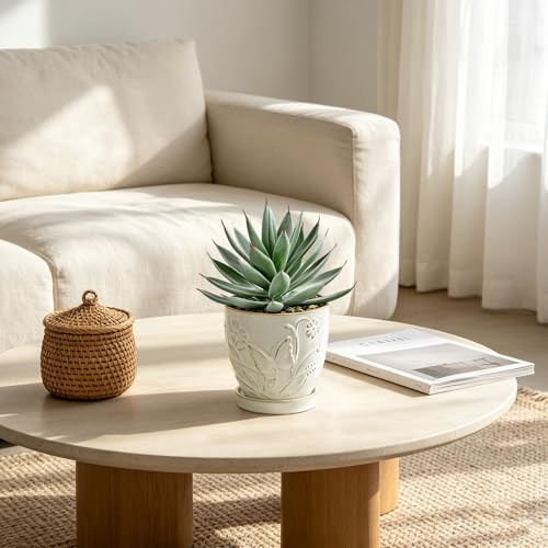 Briful Artificial Succulent Plant in White Ceramic Planter with Saucer, Small Fake Agave Plant, Faux Plant Indoor for Desk, Bathroom, Shelf, Office, Farmhouse Home Decor, 9 Inch - color: White#207
