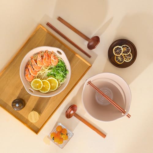 MALACASA 42 oz Ceramic Ramen Bowls with Chopsticks & Spoon, Pink & Khaki - color: Pink and Khaki