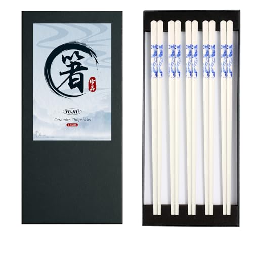 Porcelain Chopsticks Set of 5 Pairs, Reusable Bone Ceramic Chopsticks, Dishwasher Safe, Non-Slip Design, Elegant Gift Box for Family or Restaurant Use (lotus) - color: lotus