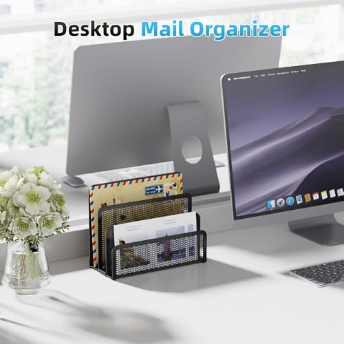 Marbrasse Mail Organizer for Desk, 3-Slot Mesh Metal Mail Holder countertop, Letter Holder, Office Desktop Envelope and Document Storage Rack (Black) - color: Black
