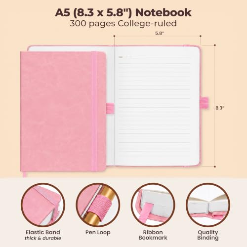 Lined Leather Bound Journal Notebook, A5 Hardcover Journals for Women Pink - color: Pink, size: A5 300 Pages