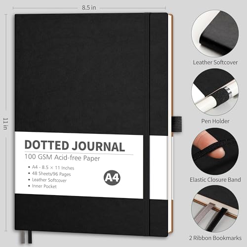 RETTACY Dotted Journal Notebook, 96 Pages, A4 Large Size (8.5'' x 11'') - color: Black, style: Dotted