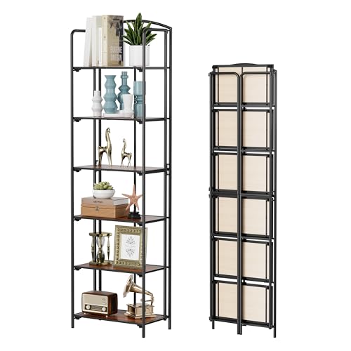 Crofy 6-Tier Foldable Bookshelf, Black Frame & Walnut Shelves - color: Black Frame & Walnut Shelf, size: 6 Tier