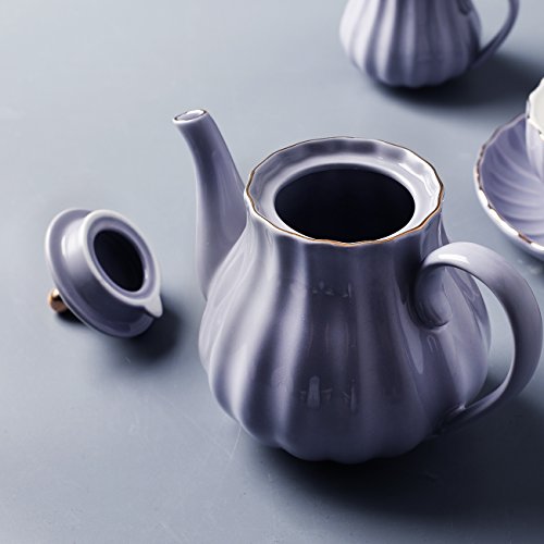 Porcelain Tea Sets British Royal Series, 8 OZ Cups& Saucer Service for 6, with Teapot Sugar Bowl Cream Pitcher Teaspoons and tea strainer for Tea/Coffee, Pukka Home(purple) - color: Purple
