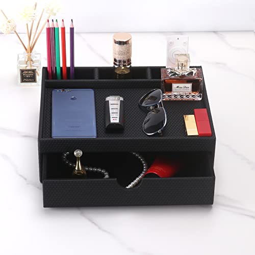 Leather Desk Organizer With Drawers, Home Cosmetics Organizer, Phone Remote Organizer, Drawer Plus Divider & Tray (black) - color: black