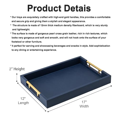 Navy Blue Faux Leather Serving Coffee Tray with Gold Handles,Rectangle Decorative Trays for Home Decor Large Ottoman Tray for Living Room - color: Blue, size: 17" x 12" x 2"