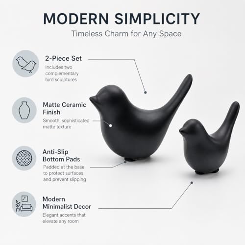2 Pcs Ceramic Bird Figurines, Black Bird Statues for Home Decor Accents, Small Animal Sculptures for Shelf, Bookshelf, Coffee Table, Living Room, Bedroom, Office and Modern Table Decor - color: Black