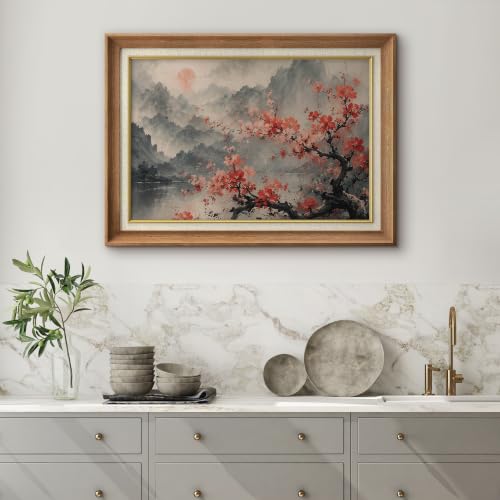 MUDECOR Premium Framed Wall Art Red Plum Blossom Chinese Ink Mountain Illustrations Impressionism Scenic Colorful for Living Room, Bedroom, Office - 26"x36" Natural - color: B11-2606-EDW06, size: 36"L x 26"W, style: Premium Natural Frame