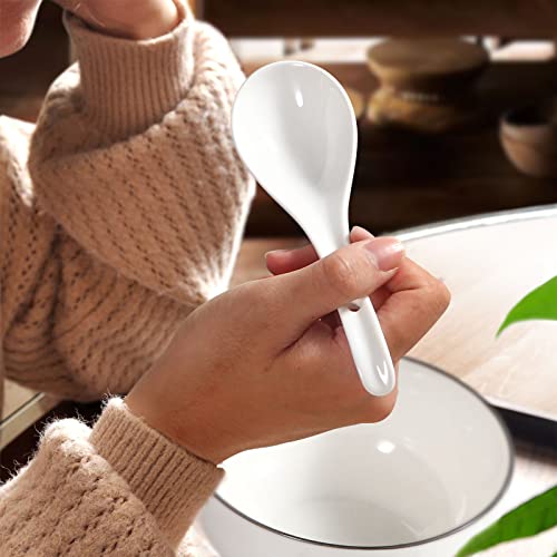 White Ceramic Soup Spoons Set of 6 - 6.75 Inch Chinese Ramen Spoons for Pho, Cereal, Noodles, Stews, Wonton, Dumpling, Miso - Deep Oval Hook Design, Dishwasher Safe - size: 6.75 inch - White