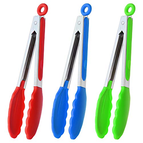 HINMAY 9" Kitchen Tongs with Silicone tips, Set of 3 (Red Blue Green) - color: Red Blue Green