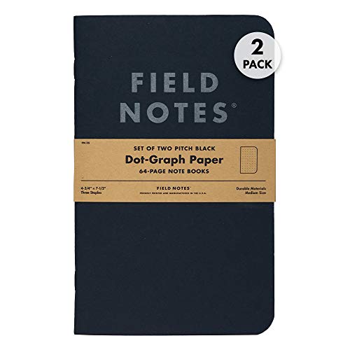 Field Notes 2-Pack Pitch Black Notebooks (4.75" X 7.5"), Dot-graph, 64 Pages | Thin Pocket Sized EDC Notebook With 90 GSM Paper & Paperback Cover | Work Notebooks For Note Taking | Made in the USA - size: Large Size (4.75" x 7.5") 2-Pack - Dot-Graph Paper