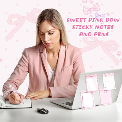 Eaasty 20 Pieces Pink Bow Gift Set Bowknot Sticky Notes with Pens, Pencil Bags Makeup Bags, 3 x 4 Inches Animals Note Pads, Funny 1.0 mm Ballpoint Pens, Office Pink Bow Party Supplies for Women - style: Pink Bow