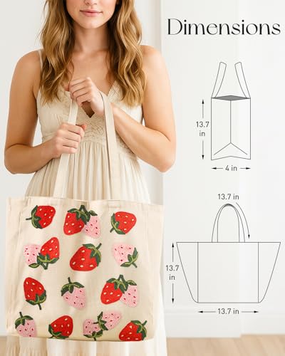 Miss Adola Embroidery Canvas Tote Bag with Pocket & Buckle - color: Strawberry