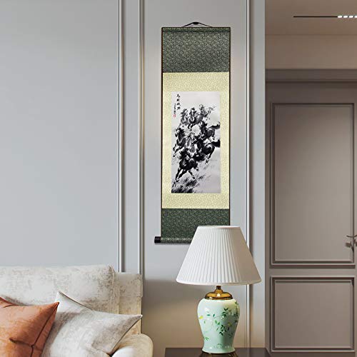 AtfArt Silk Scroll Painting, Asian Wall Art, Eight Racehorses, 36.2x12in - color: B3