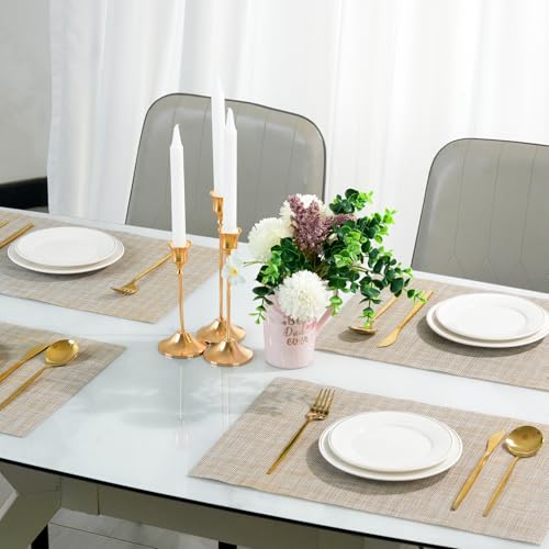 Placemats Set of 6，Non-Slip PVC Weave Table Mats Easy to Clean，Heat Resistant Place Mats for Kitchen Dining Table Decoration Indoor Outdoor，Beige - color: Beige