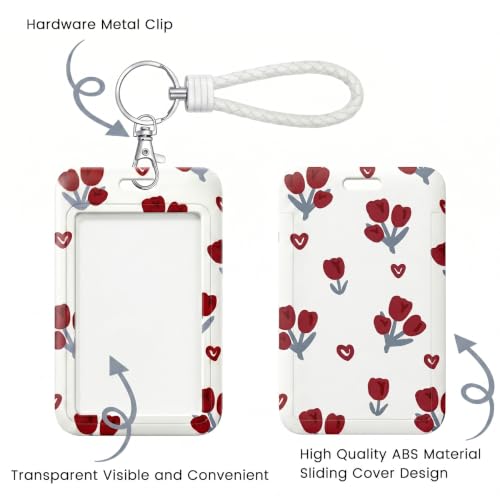 ID Card Badge Holder Key Chain with Metal Keyring, Plastic Slide Open with ID Window for Women Men Girls Students - color: Lots of Little Red Flowers