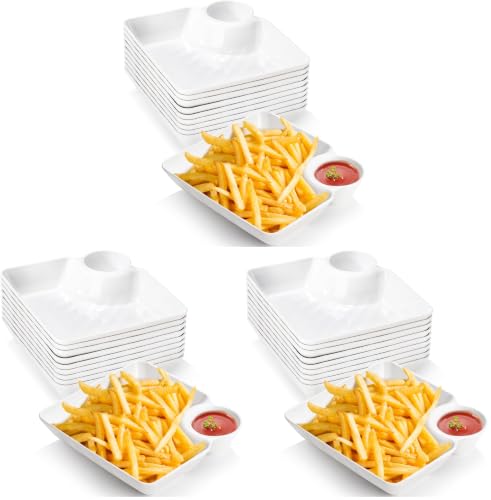 Lawei 10Pcs Chips and Dip Plates, Plastic Serving Platter Set Dumpling Plate with Dipping Saucer, White Divided Snack Serving Dishes for Appetizer, Sushi, Taco Salsa, Charcuterie, Reusable (Pack of 3) - size: Medium (Pack of 3)