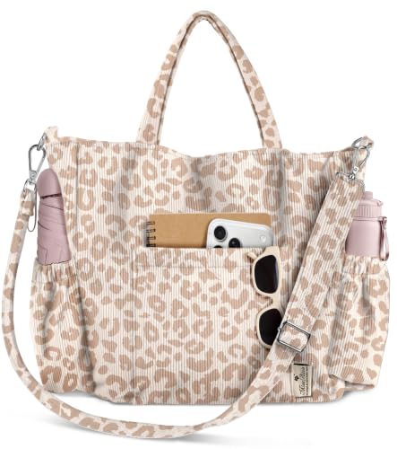 Miss Adola Corduroy Crossbody Tote Bag for Women - color: Beige Leopard Print