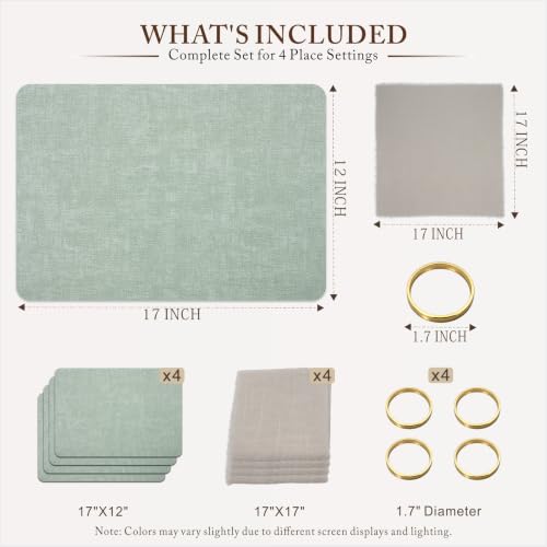 Placemats Set of 4 with Napkins and Rings - Washable Faux Leather Table Mat - color: Green, size: Placemats Set of 4