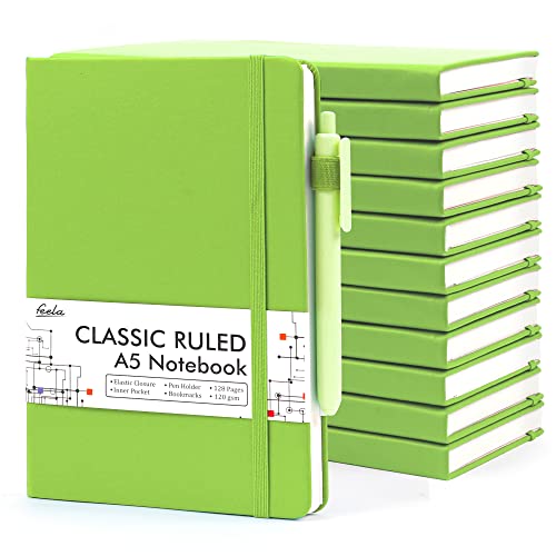 feela 12 Pack Notebooks Journals Bulk, Hardcover Notebook Classic Ruled Lined Journals with Pen Holder for Women Girls School Business Supplies, with 12 Black Pens, 120 GSM, 5.1”x8.3”, A5, Green - color: 12 Green