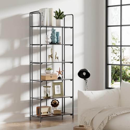 Crofy 6-Tier Wider Foldable Bookshelf, Black Frame & Walnut Shelves - color: Black Frame & Walnut Shelf, size: 6 Tier Wider