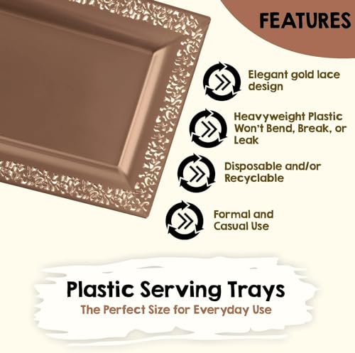 (12 pk) 14" x 7.5" Rose Gold Lace Rim Plastic Serving Trays & Platters | Heavy Duty Disposable Decorative Dessert Tray - Party Platters for Upscale Parties Weddings - color: Rose Gold Lace, size: 12 Pack