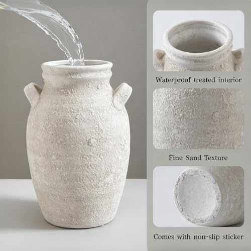 Enra Ivory Textured Ceramic Vase, 9.76" Rustic Farmhouse Decor - color: Farmhouse White- 9.76 in