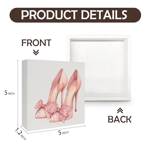 Coquette Pink Bow High Heels Wooden Box Sign, Coquette Preppy Girly Room Decor, Pink Girly Wood Signs for Girls Room Dorm Apartment Desk Table Shelf Decor, 5x5 Inch - color: E-High Heels