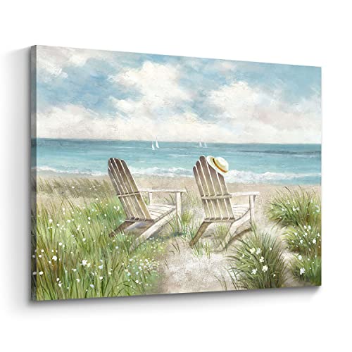 arttitue Seascape Wall Art Canvas Picture: Beach Chair Seascape Print Decor Ocean Coastal Scene Painting Seaside Sea Wave Grass Artwork for Bathroom Living Room - color: Beach Chair, size: 16"L x 11"W