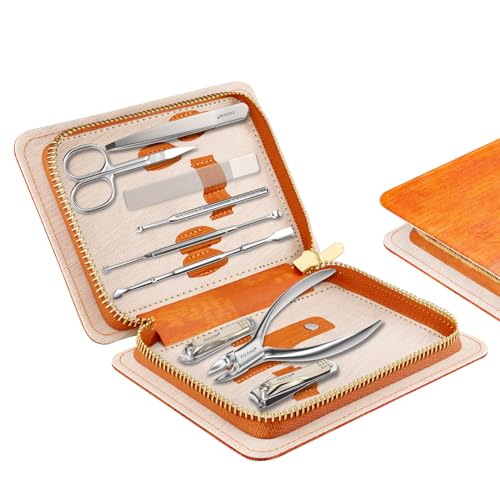 ZIZZON Manicure Set Professional Stainless Steel Toenail and Fingernail Clippers Set 9 in1 Pedicure and Grooming kit with Travel Case (Orange) - color: Orange