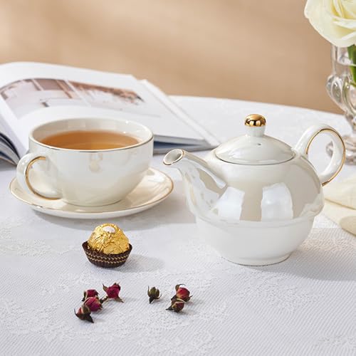 Tea for One Set, Teapot and Cup Set, Pearl White - color: Pearl White