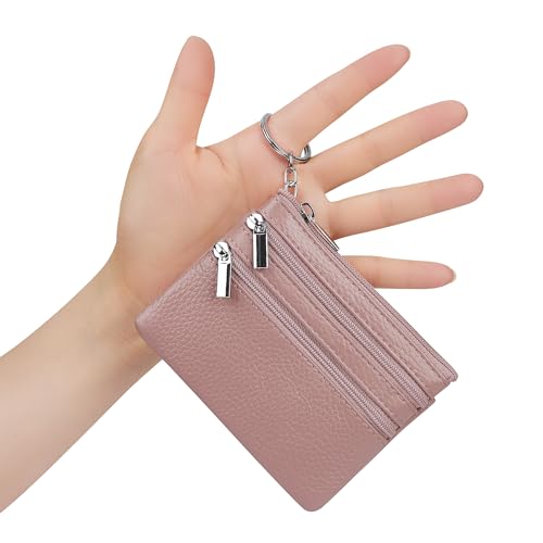 Women Genuine Leather Coin Purse Keychain Change Purse - color: Dark Pink