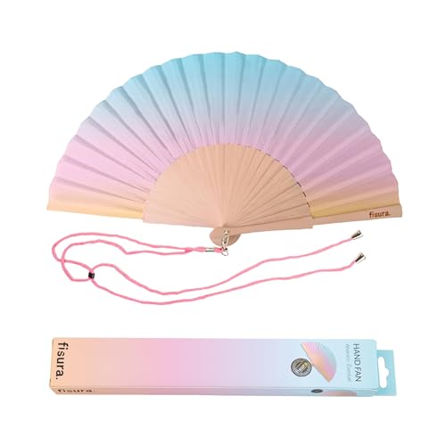 Fisura – Original Gradient Folding Fan in red with Hanger. Elegant Wooden Handheld Fan for Women. Lightweight Accessory for Weddings, Parties, Festivals, Travel and Unique Gift Ideas. - color: Gradient, Blue