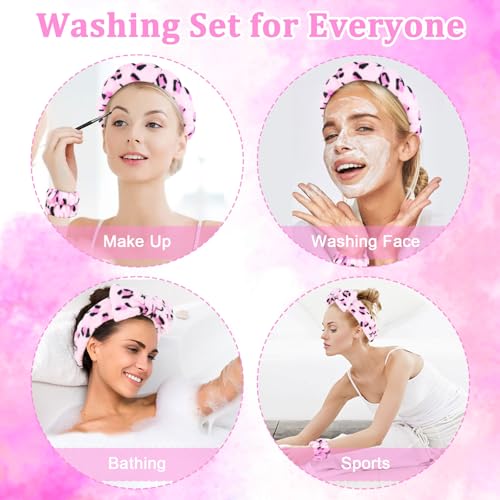 6 Pcs Terry Cloth Headbands and Wristbands - Sponge Puffy Headband for Skincare, Makeup Removal, and Shower - color: Pink Leopard