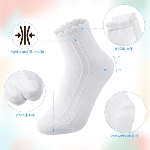 8 Pairs Girls Ruffle Crew Socks, Cute Frilly Soft Cotton Socks - color: White, size: 6-8 Years