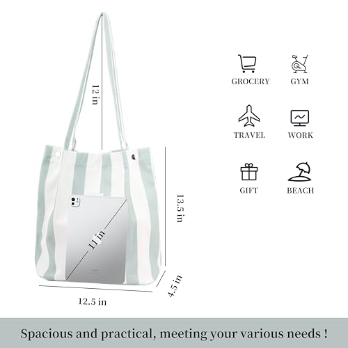 Corduroy Tote Bag Cute Tote Bags for Women Shoulder Bag with Inner Pocket for Work Beach Travel and Shopping Grocery - style: Green and White Stripes