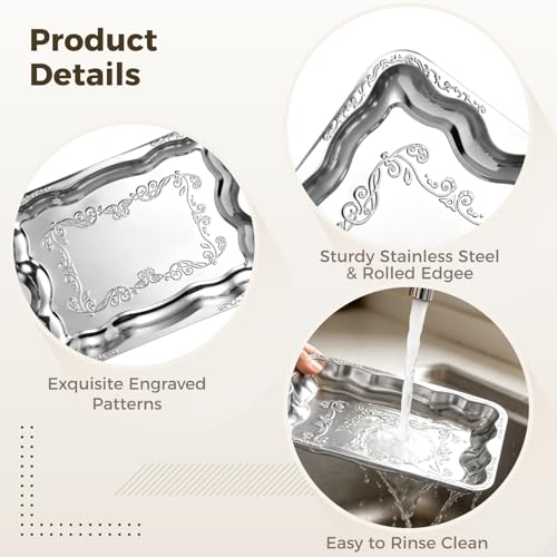 6 Pcs Silver Serving Trays, Engraved Butterfly Floral Serving Platters, Mirror Polished Stainless Steel Food Trays, Decorative Silver Plates for Appetisers, Fruits, Desserts - size: 15.7 x 11.6 x 1.6 in