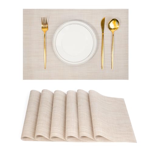 Placemats Set of 6，Non-Slip PVC Weave Table Mats Easy to Clean，Heat Resistant Place Mats for Kitchen Dining Table Decoration Indoor Outdoor，Beige White - color: Beige White
