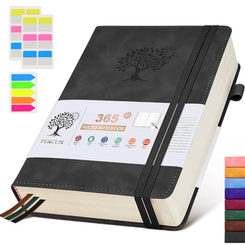 A5 Lined Journal Notebook - 365 Page Leather Journals for Writing Women & Men，Hardcover Notebook with 100Gsm Thick Pages，Daily Diary for Travel, Work，School，Note Taking，College Ruled (5.9" x 8.5") - color: Black, size: A5