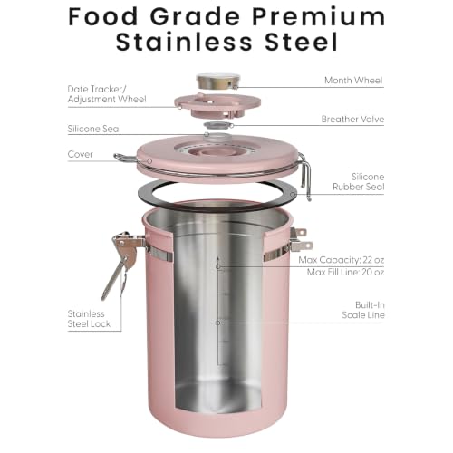Veken Coffee Canister with Window, Airtight Stainless Steel Container, 22OZ - color: Pink, size: 22 oz